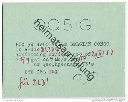 QSL - QTH - Funkkarte - OQ5IG - Belgian Congo - Jadotville - 1958