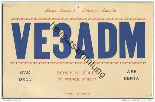 QSL - QTH - Funkkarte - VE 3 ADM - Canada - Ontario - 1953