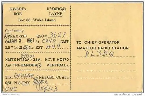 QSL - QTH - Funkkarte - KW6DG - Ozeanien - Wake Island - 1961