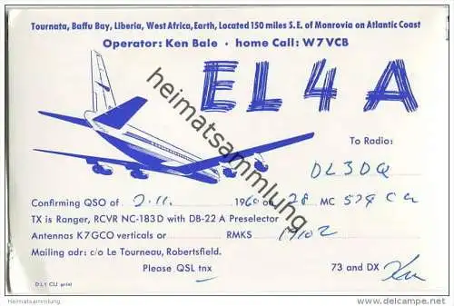 QSL - QTH - Funkkarte - EL4A - West Africa - Liberia - Earth - 1960