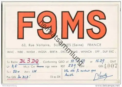 QSL - QTH - Funkkarte - F9MS - France - Suresnes - 1959