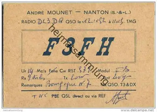 QSL - QTH - Funkkarte - F3FH - France - Nanton - 1952