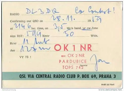 QSL - QTH - Funkkarte - OK1NR - Tschechische Republik - Czechoslovakia - Pardubice - 1959