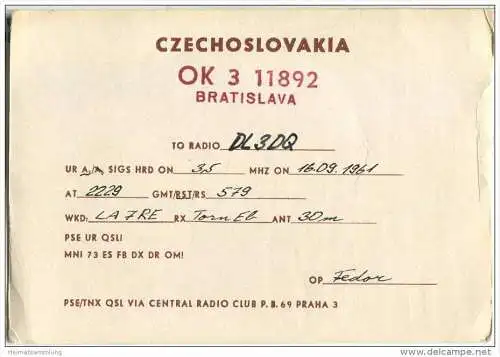 QSL - QTH - Funkkarte - OK311892 - Slowakei - Czechoslovakia - Bratislava - 1961
