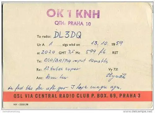 QSL - QTH - Funkkarte - OK1KNH - Tschechische Republik - Czechoslovakia - Praha 10 - 1959 - Transport