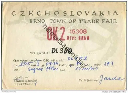QSL - QTH - Funkkarte - OK215308 - Tschechische Republik - Czechoslovakia - Brno - 1963