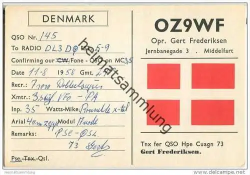 QSL - QTH - Funkkarte - OZ9WF - Denmark - Middelfart - 1958