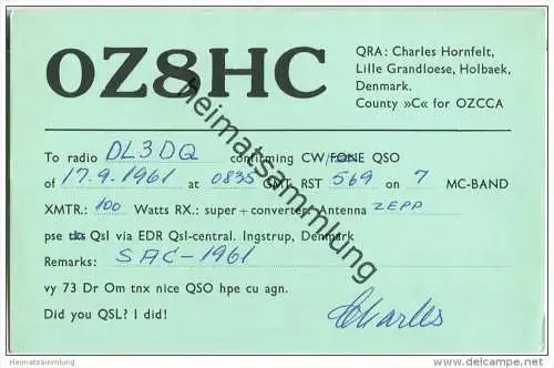 QSL - QTH - Funkkarte - OZ8HC - Denmark - Holbaek - 1961