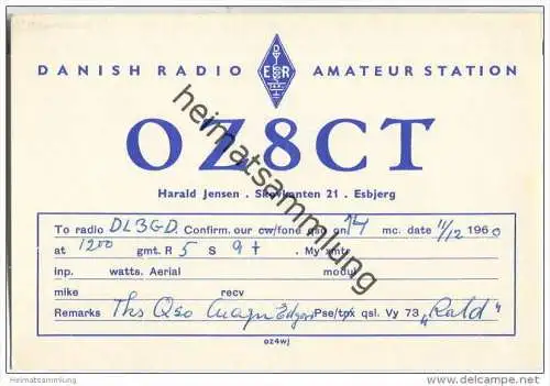 QSL - QTH - Funkkarte - OZ8CT - Denmark - Esbjerg - 1960