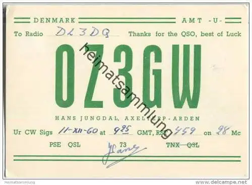 QSL - QTH - Funkkarte - OZ3GW - Denmark - Axelterp - Arden - 1960