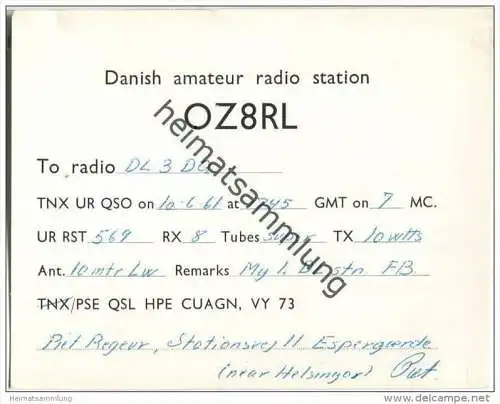 QSL - QTH - Funkkarte - OZ8RL - Denmark - Helsingor - 1961