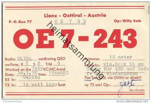 QSL - QTH - Funkkarte - OE7-243 - Österreich - Austria - Lienz - 1958