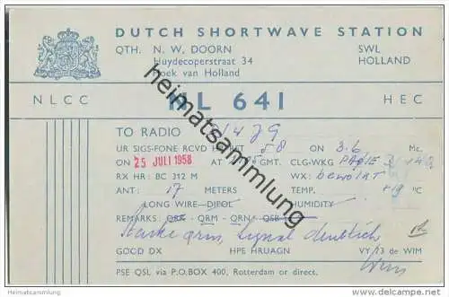 QSL - QTH - Funkkarte - NL641 - Niederlande - The Netherlands - Hoek van Holland - 1958