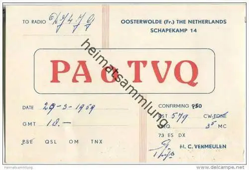 QSL - QTH - Funkkarte - PA0TVQ - Niederlande - The Netherlands - Oosterwolde - 1959