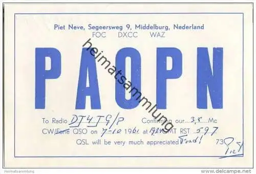 QSL - QTH - Funkkarte - PA0PN - Niederlande - The Netherlands - Middelburg - 1961