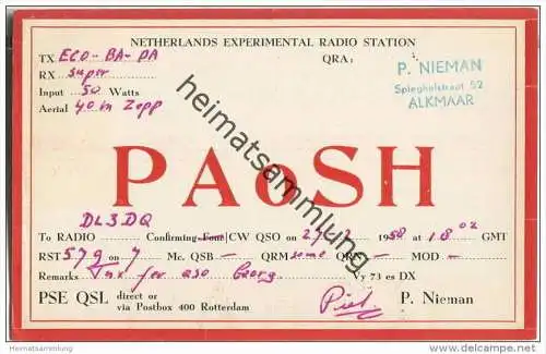 QSL - QTH - Funkkarte - PA0SH - Niederlande - The Netherlands - Alkmaar  - 1958