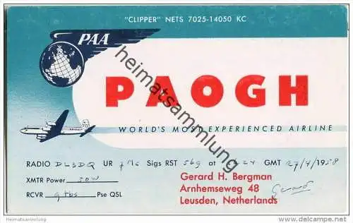 QSL - QTH - Funkkarte - PA0GH - Niederlande - The Netherlands - Leusden  - 1958 - PAA Pan American World Airways