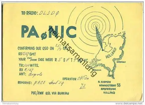 QSL - QTH - Funkkarte - PA0NIC - Niederlande - The Netherlands - Amsterdam  - 1957