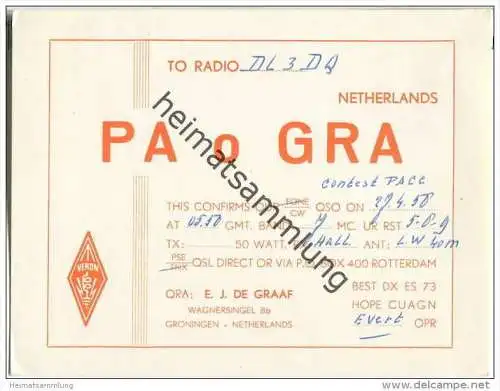 QSL - QTH - Funkkarte - PA0GRA - Niederlande - The Netherlands - Groningen - 1958