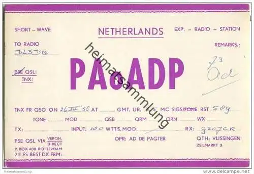 QSL - QTH - Funkkarte - PA0ADP - Niederlande - The Netherlands - Vlissingen - 1958