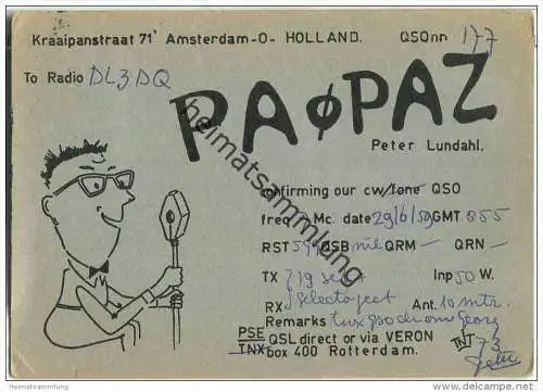 QSL - QTH - Funkkarte - PA0PAZ - Niederlande - The Netherlands - Amsterdam - 1959