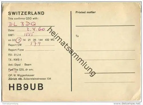 QSL - QTH - Funkkarte - HB9UB - Switzerland - Zürich - 1960