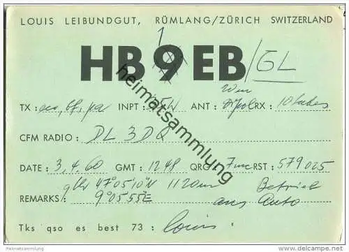 QSL - QTH - Funkkarte - HB1EB - Switzerland - Rümlang - 1960