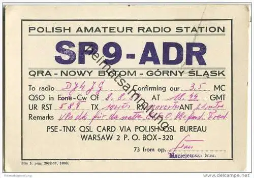 QSL - QTH - Funkkarte - SP9ADR - Polska - Poland - Nowy Bytom - Gorny Slask - 1959