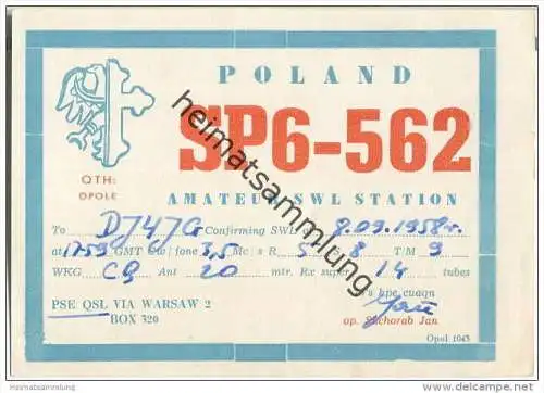 QSL - QTH - Funkkarte - SP6-562 - Polska - Poland - Opole - 1958