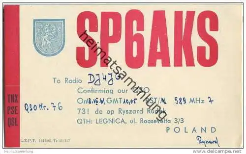 QSL - QTH - Funkkarte - SP6AKS - Polska - Poland - Legnica - 1961