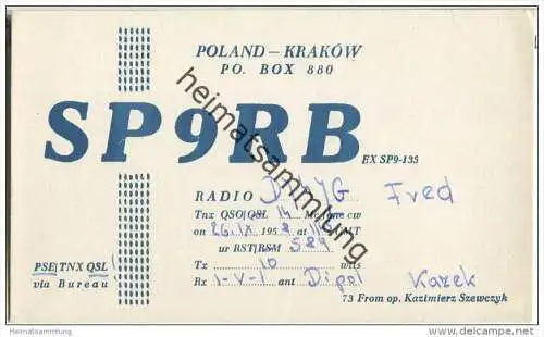 QSL - QTH - Funkkarte - SP9RB - Polska - Poland - Krakow - 1958