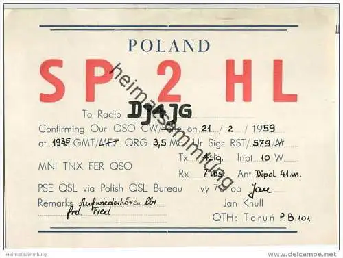 QSL - QTH - Funkkarte - SP2HL - Polska - Poland - Torun - 1959