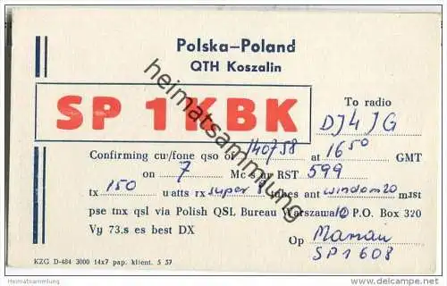 QSL - QTH - Funkkarte - SP1KBK - Polska - Poland - Koszalin - 1958