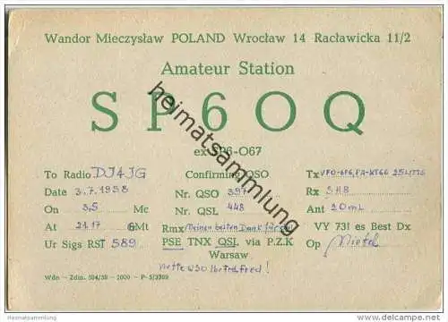 QSL - QTH - Funkkarte - SP6OQ - Polska - Poland - Wroclaw 14 - 1958