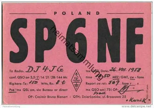 QSL - QTH - Funkkarte - SP6NF - Polska - Poland - Biala Podlaska - 1958