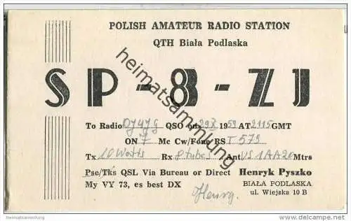 QSL - QTH - Funkkarte - SP8ZJ - Polska - Poland - Biala Podlaska - 1959