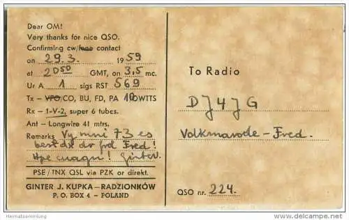 QSL - QTH - Funkkarte - SP9ZW - Polska - Poland - Radzionkow - 1959