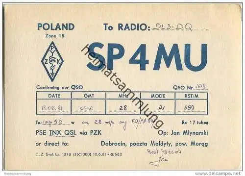 QSL - QTH - Funkkarte - SP4MU - Polska - Poland - Dobrocin - 1961
