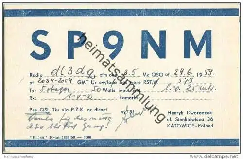 QSL - Funkkarte - SP9NM - Polska - Poland - Katowice - 1959