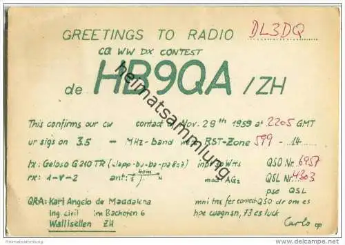 QSL - Funkkarte - HB9QA - Switzerland - Wallisellen - 1959