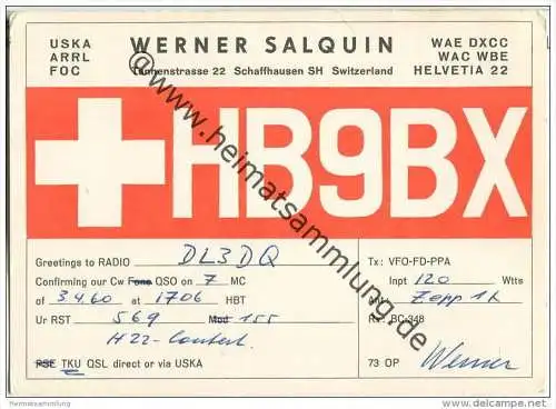 QSL - Funkkarte - HB9BX - Switzerland - Schaffhausen - 1960