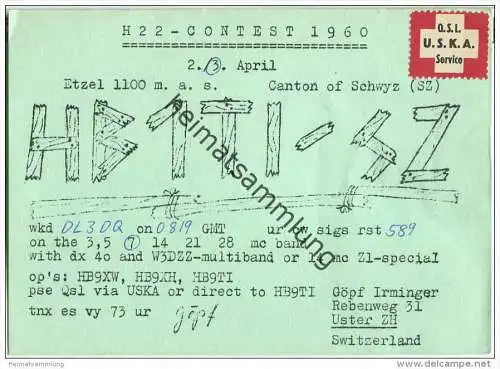 QSL - Funkkarte - HB1TI/SZ - Switzerland - Uster - 1960
