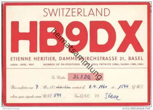 QSL - Funkkarte - HB9DX - Switzerland - Basel - 1960