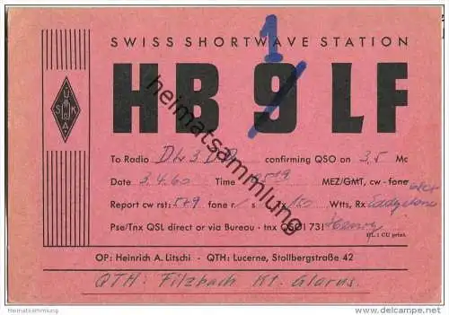 QSL - Funkkarte - HB1LF - Switzerland - Filzbach - 1960