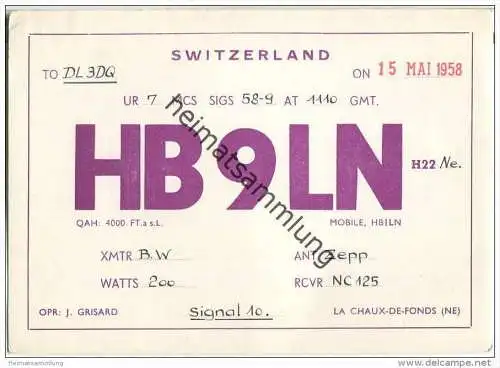 QSL - Funkkarte - HB9LN - Switzerland - La Caux-de-Fonds - 1958