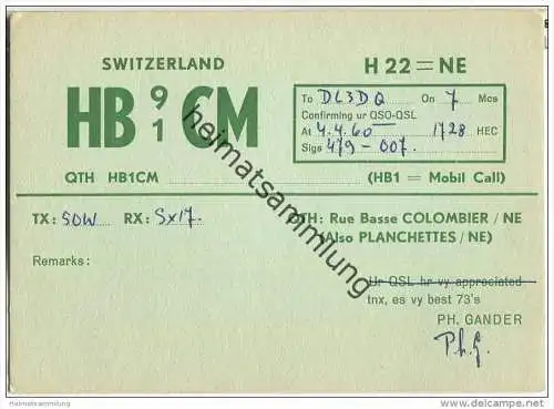 QSL - Funkkarte - HB9/1CM - Switzerland - Colombier - 1960
