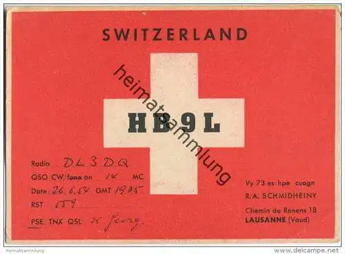 QSL - Funkkarte - HB9L - Switzerland - Lausanne - 1954