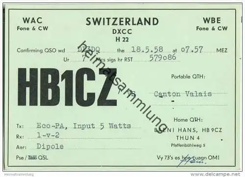 QSL - Funkkarte - HB1CZ - Switzerland - Thun 4 - 1958