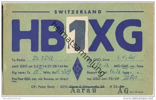 QSL - Funkkarte - HB1XG - Switzerland - Aarau - 1960