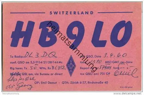 QSL - Funkkarte - HB9LO - Switzerland - Zürich - 1960